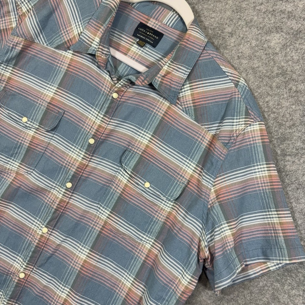 Lucky Brand Pearl Snap Shirt Mens XXL Blue Pink Plaid Saturday Stretch Pockets